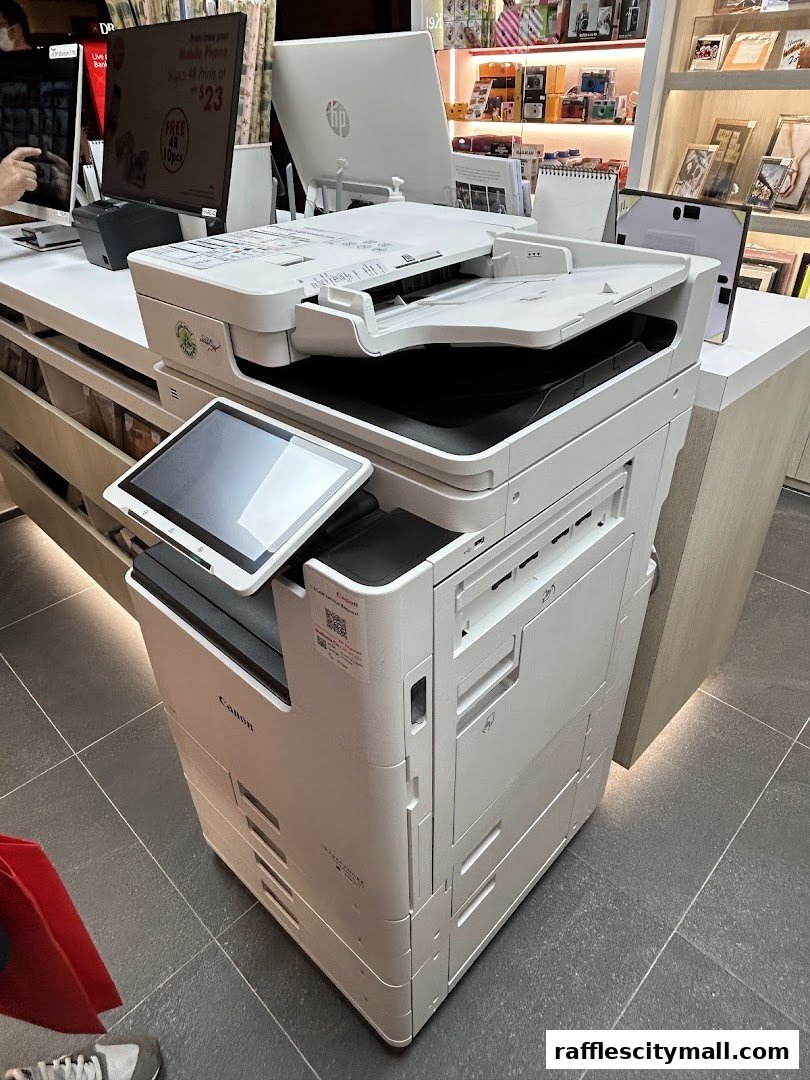 A Canon printer and HP monitor are displayed on a counter in a retail store.