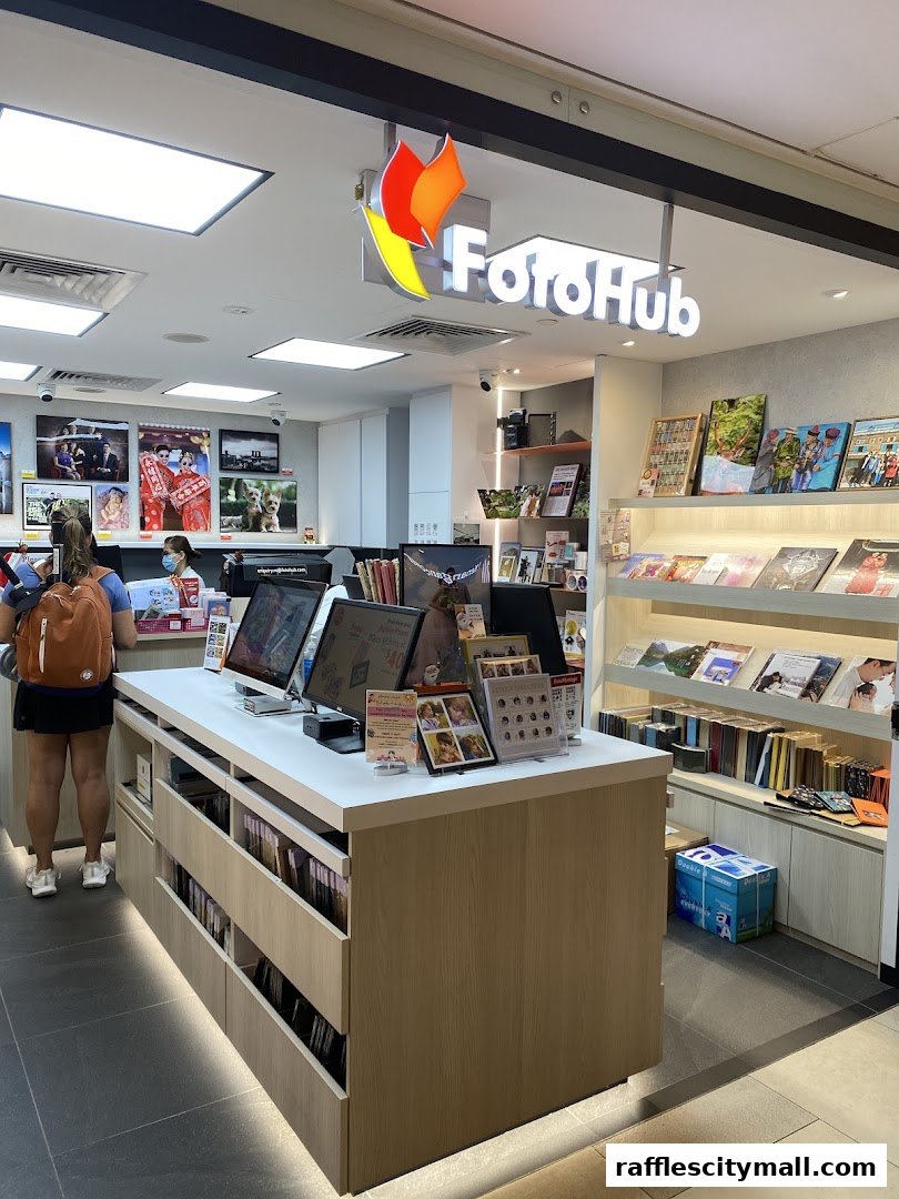 FotoHub Raffles City shop interior with displays of photos, albums, and a service counter.
