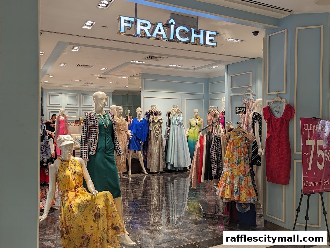 A fashion boutique displays elegant dresses on mannequins and racks, with a "Clearance 75%" sign.