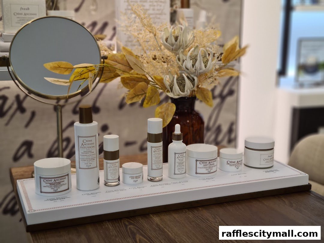 A display of Fresh Crème Ancienne skincare products with a mirror and floral arrangement.