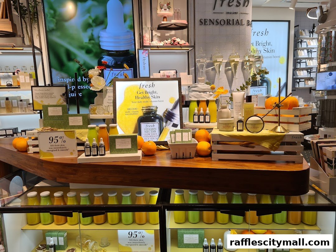 A display of Fresh skincare products featuring citrus fruits and promotional signage.