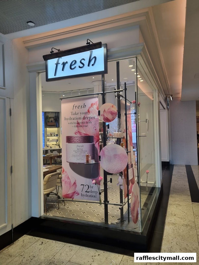 The exterior of a Fresh beauty store with a prominent display of their Rose Deep Hydration Face Cream.