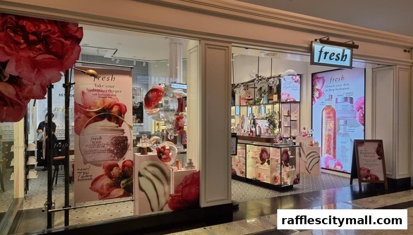 The exterior of a Fresh cosmetics store with floral displays and product advertisements.