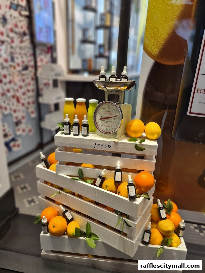 A display of Fresh brand skincare products with citrus fruits and a vintage scale.