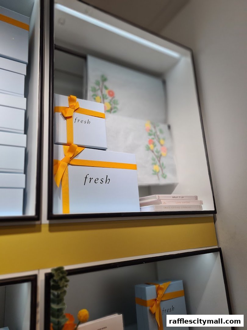 Display of elegantly wrapped gift boxes with the 'fresh' logo and floral designs.
