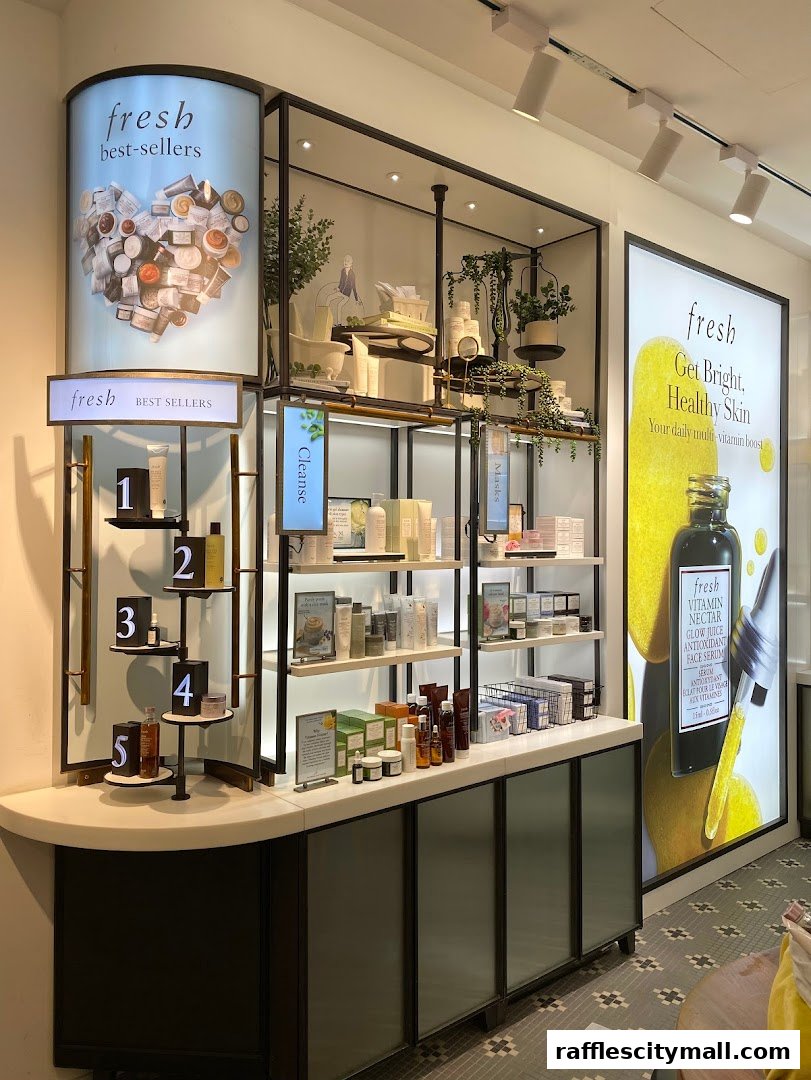 A display of Fresh skincare products, featuring best-sellers and a vitamin nectar serum.