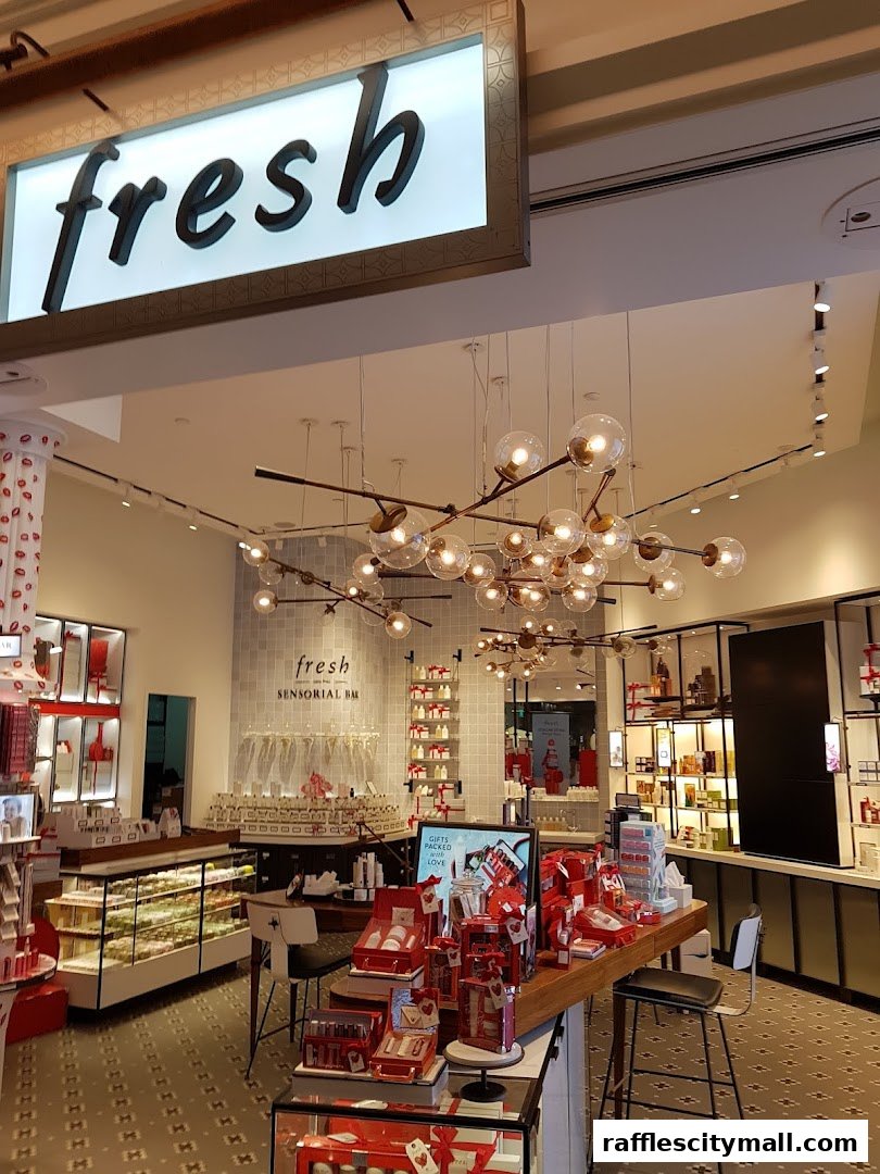 Interior view of a Fresh store with skincare products and gift sets displayed.