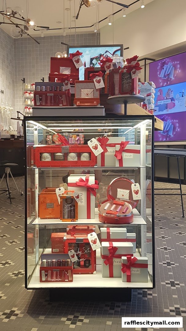 A display case filled with Fresh beauty products, many packaged as gifts with red bows.