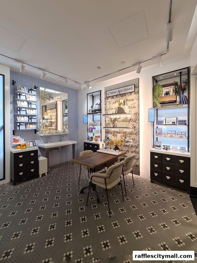 Interior of a well-lit shop with display shelves, a table, and chairs.