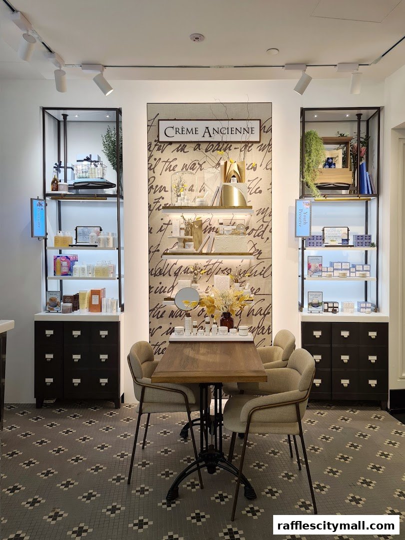 Interior of a beauty shop with shelves displaying products and a seating area.