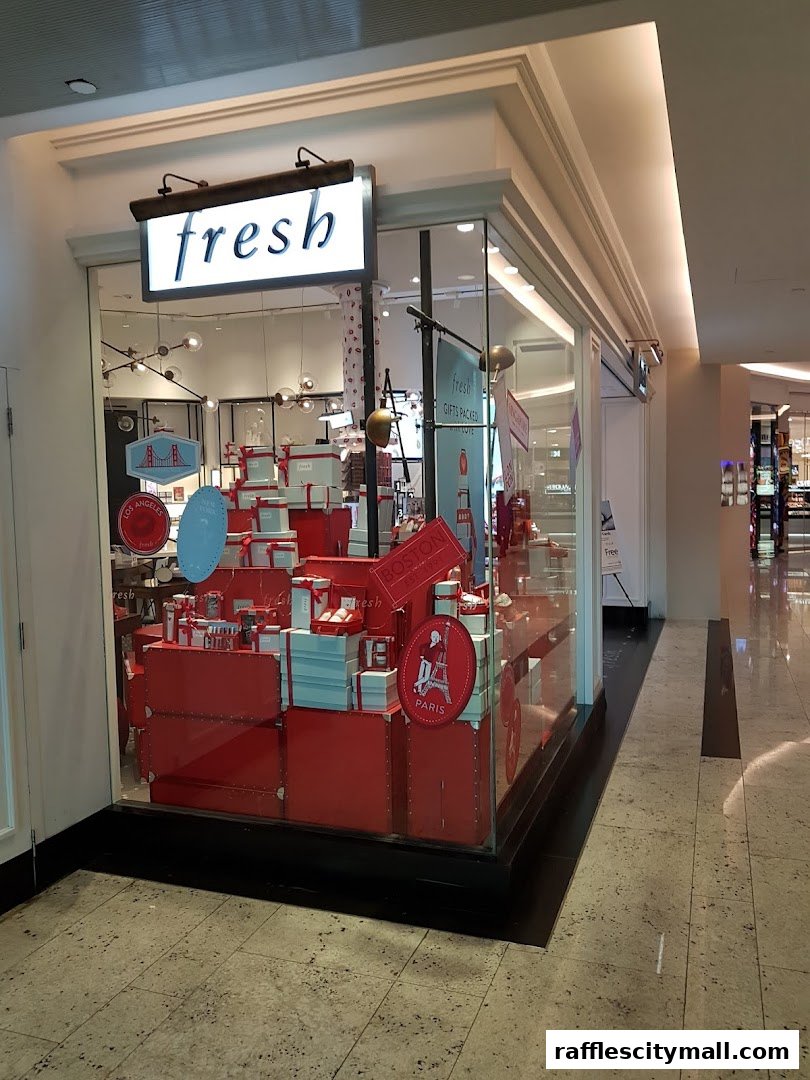 The exterior of a Fresh store, showcasing a window display filled with red gift boxes and product packaging.