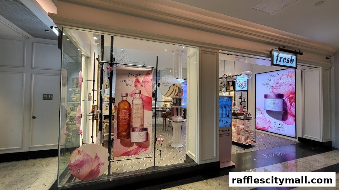 The exterior of a Fresh cosmetics store with product displays and promotional signage.