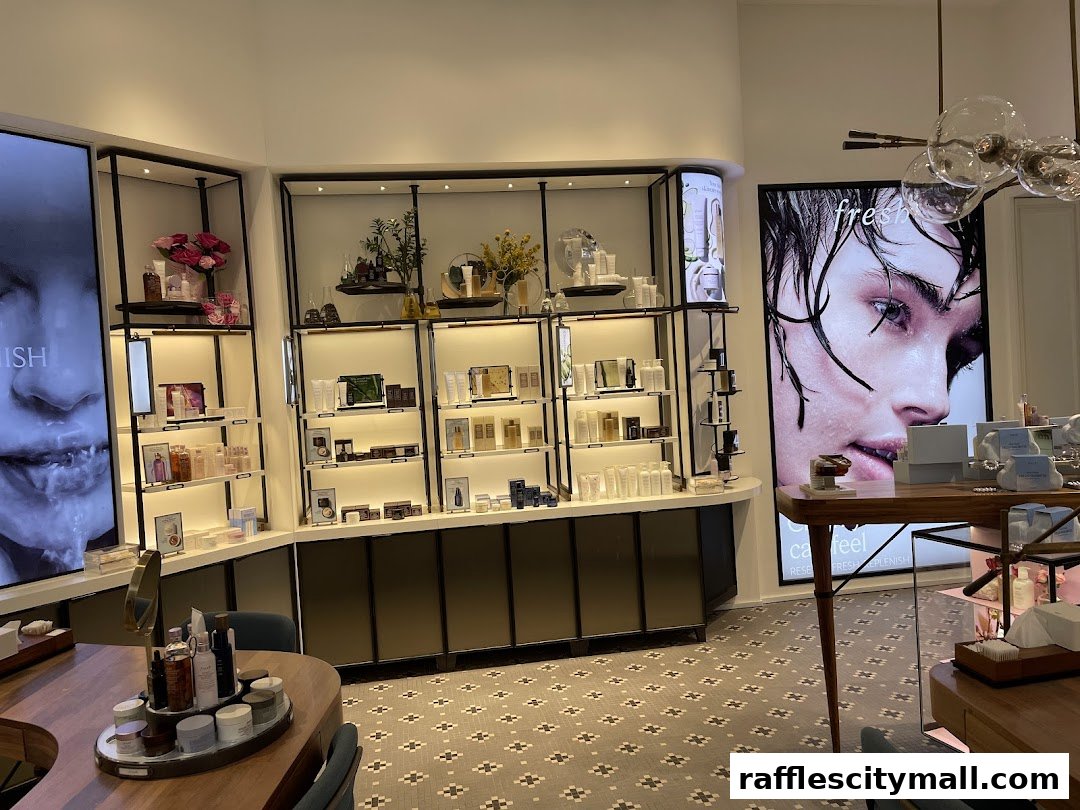 Interior view of a brightly lit cosmetics store with shelves of skincare products and large advertising displays.