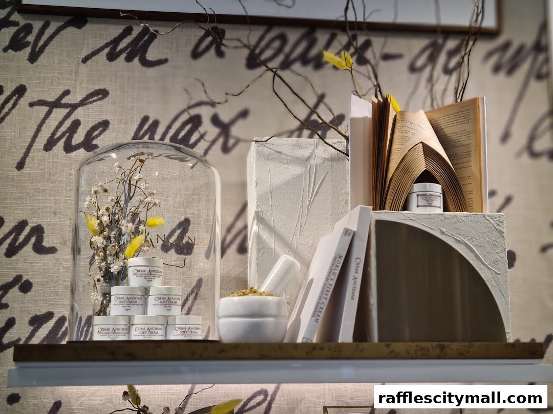 A retail display featuring skincare products, dried flowers, books, and decorative elements.