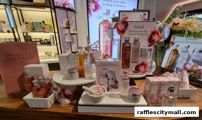 A display of Fresh brand skincare products, featuring rose-themed packaging and promotional materials.