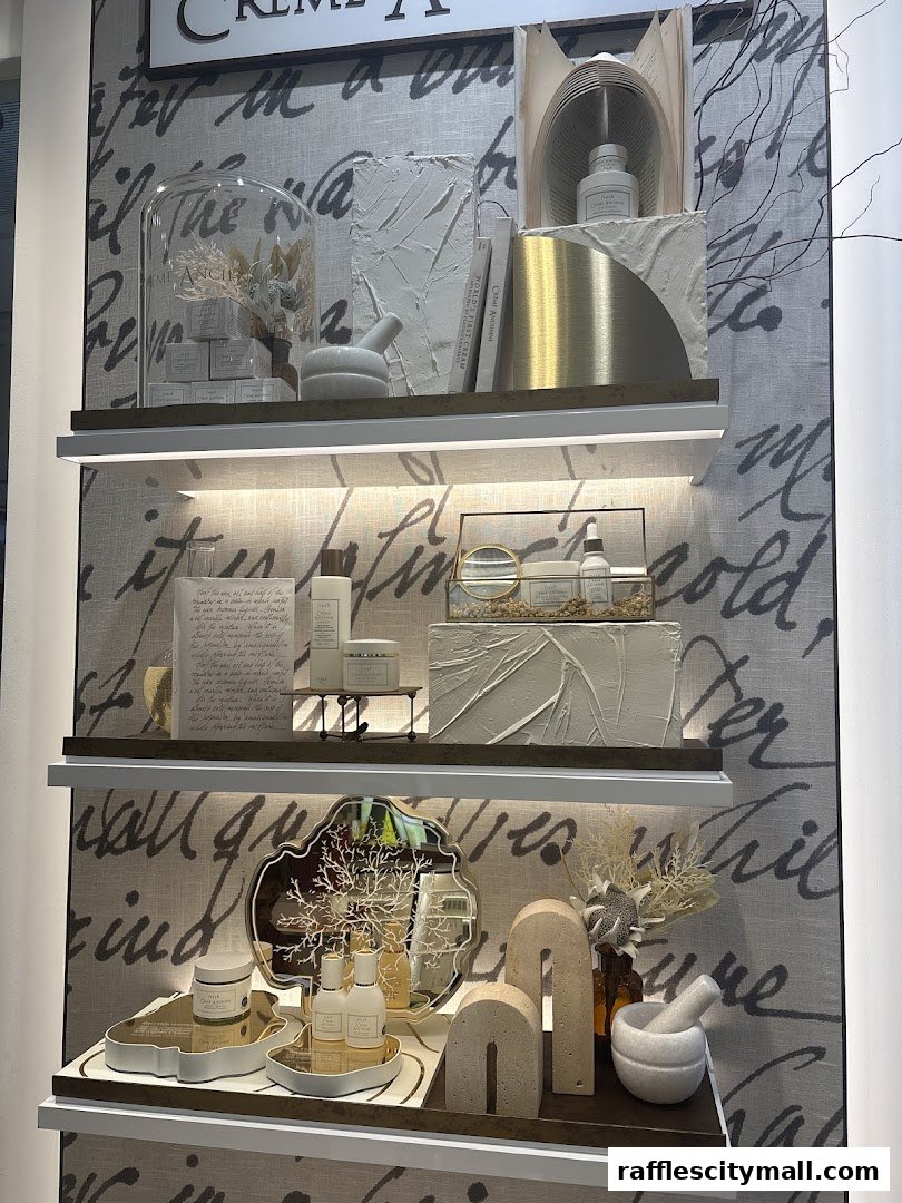 A retail display featuring skincare products and decorative items on shelves.