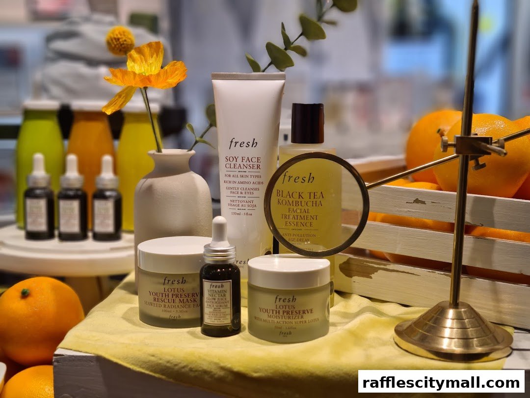 A display of Fresh skincare products with oranges and a flower.