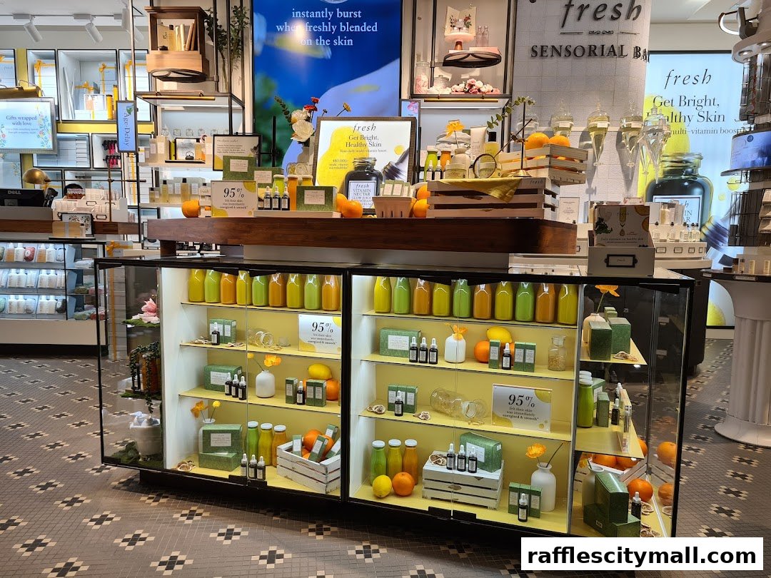 A brightly lit retail store display featuring skincare products and decorative elements.
