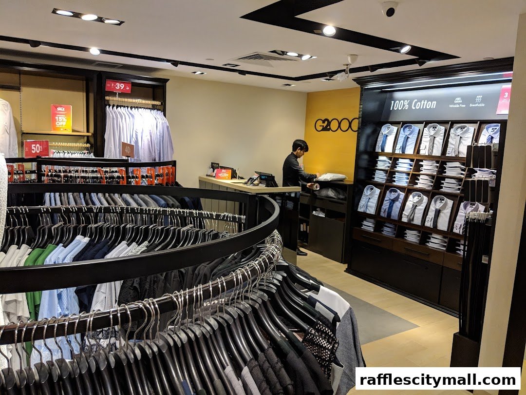 Interior of a G2000 store showcasing a wide selection of men's shirts and clothing.