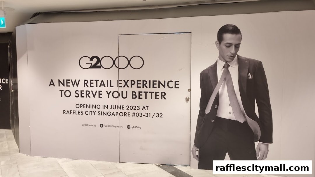 A G2000 store opening announcement with a model in a suit.