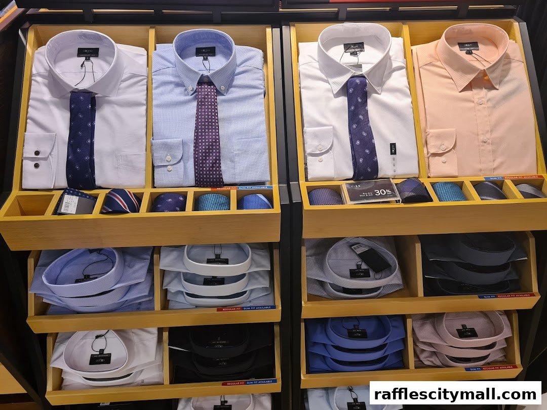 Display of men's dress shirts and ties in various colors and patterns.