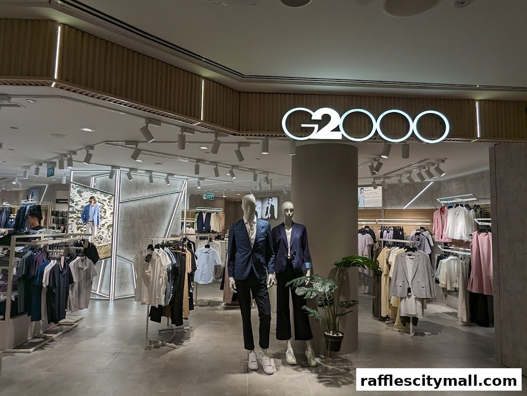 G2000 store interior with mannequins showcasing formal wear and racks of clothing.