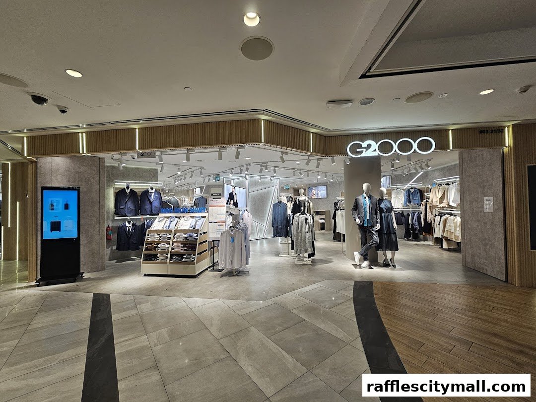 The G2000 shop front displays men's and women's fashion on mannequins and racks.