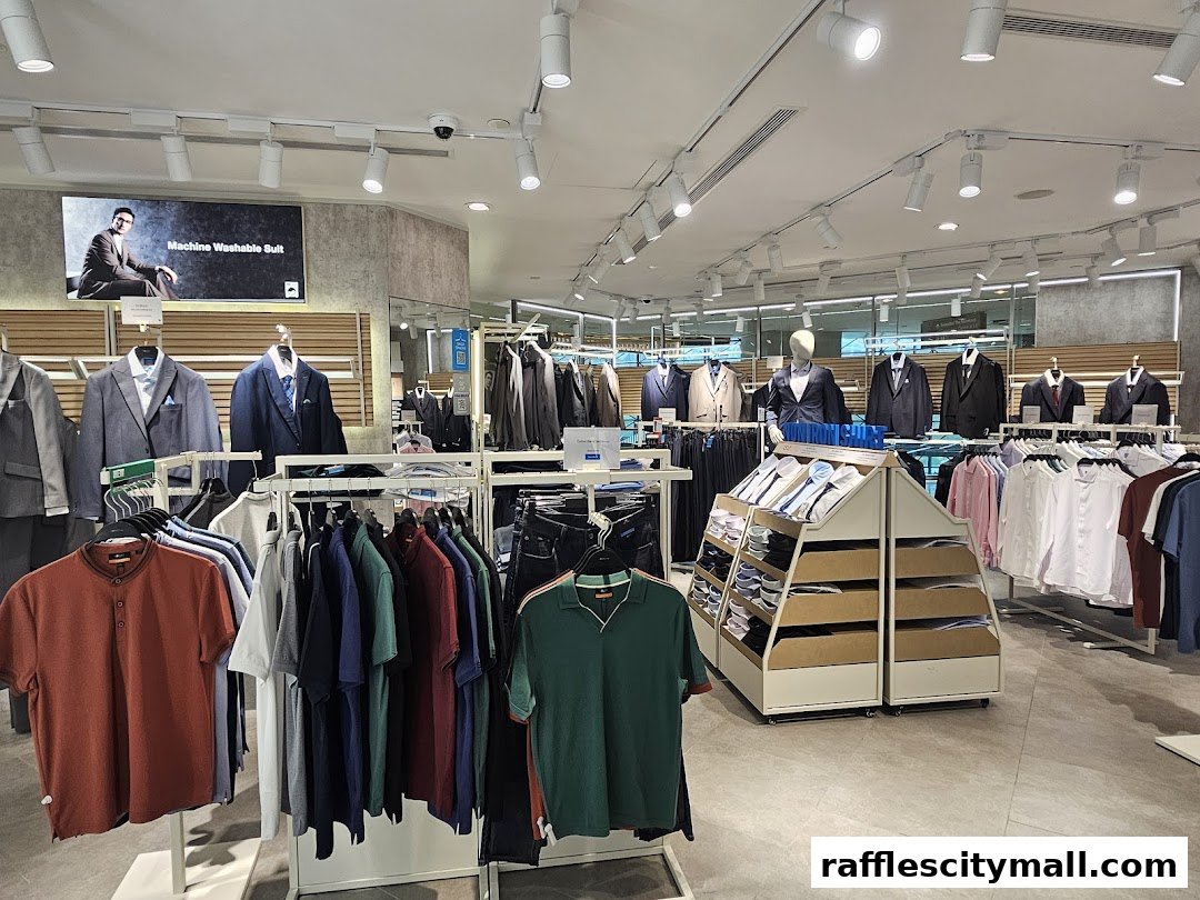 Interior view of a G2000 store showcasing men's suits, shirts, and casual wear.
