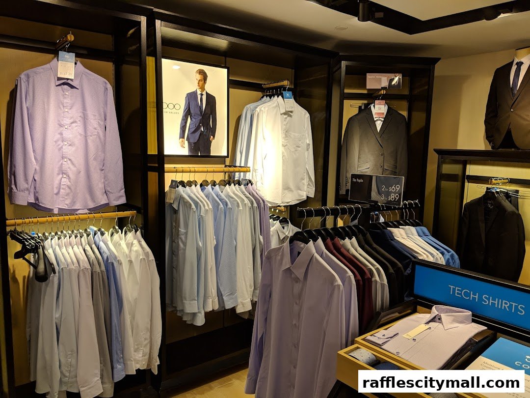 Interior view of a G2000 store showcasing men's dress shirts and suits.