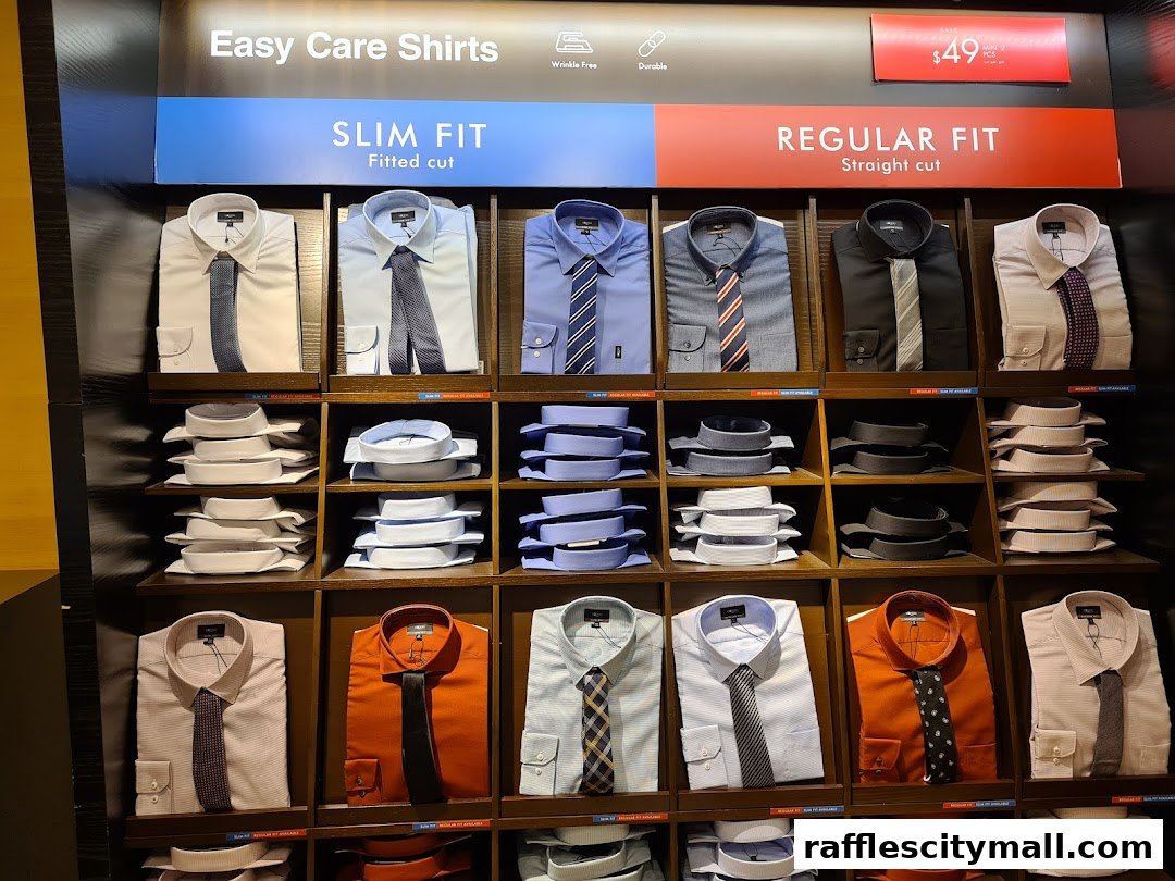 Display of G2000 easy care shirts in slim and regular fits with various colors and patterns.