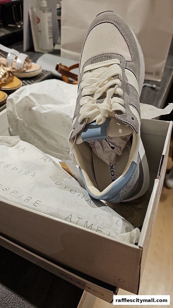 A close-up view of a stylish grey and white Geox sneaker inside its packaging.