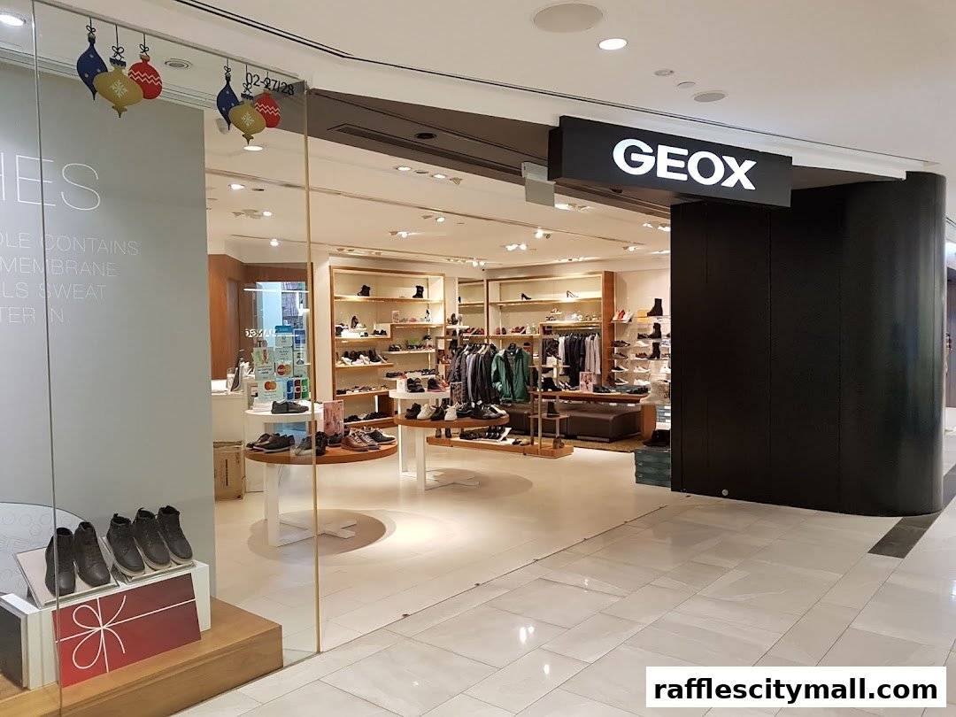 The Geox store entrance showcases a variety of footwear and apparel displayed on shelves and racks.