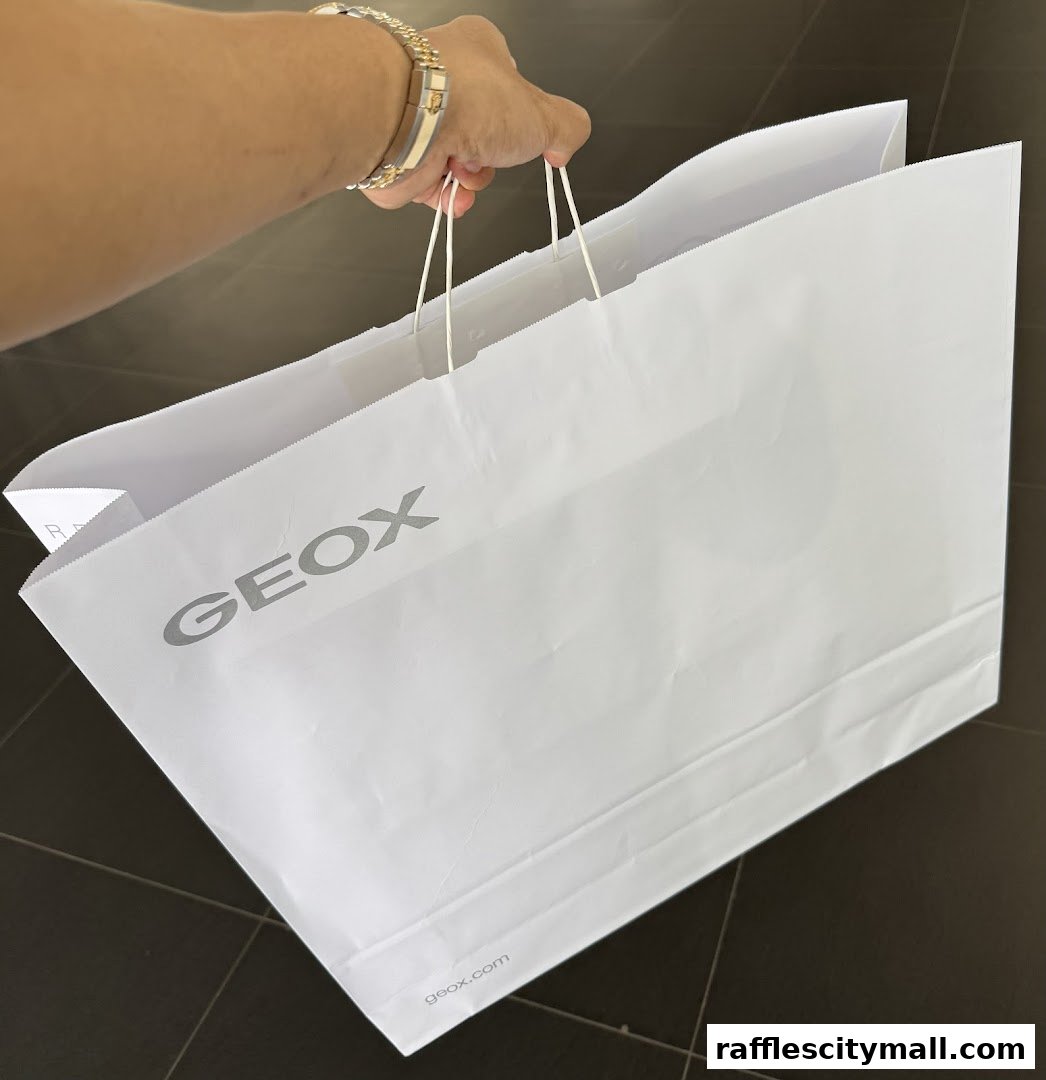 A hand holds a white Geox shopping bag with the brand logo visible.