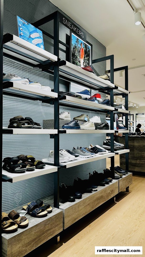 Interior view of a Geox shoe store showcasing various sneakers and casual footwear on display shelves.