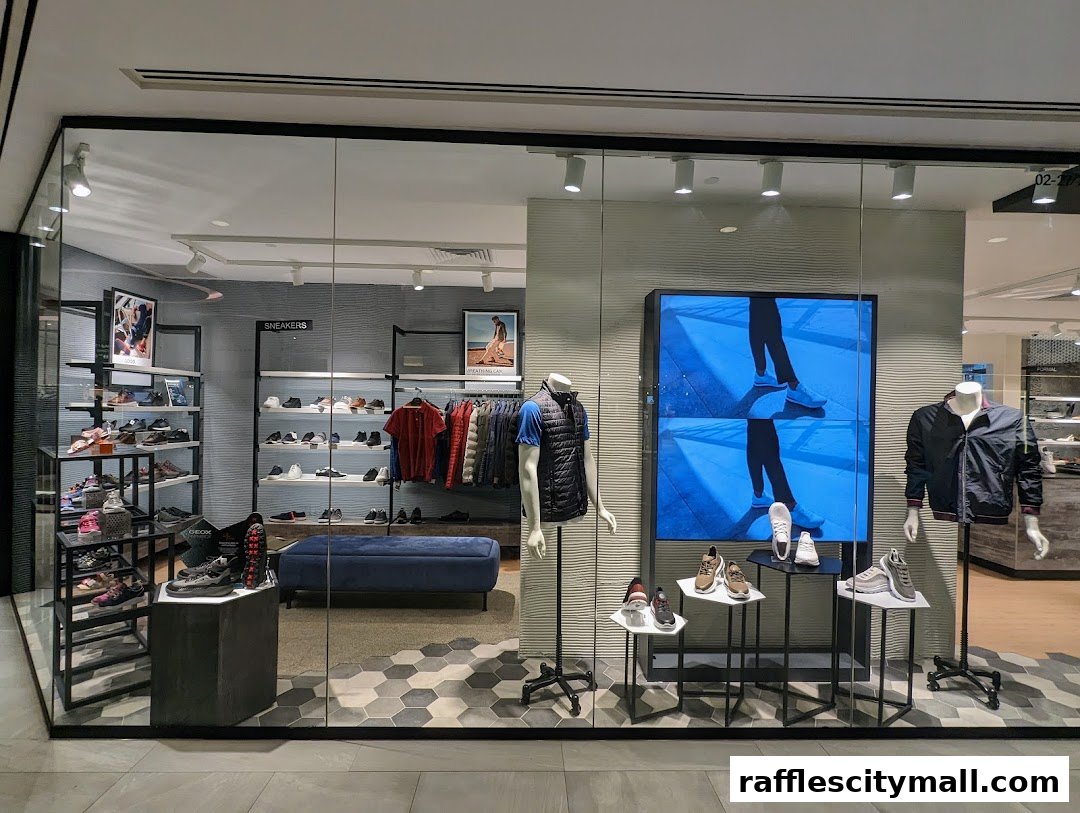 Geox Raffles City shop window display featuring sneakers, apparel, and mannequins.