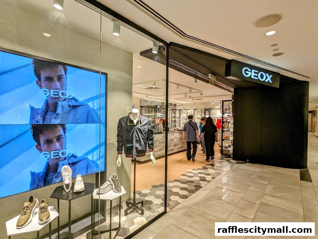 The Geox store entrance with a display of shoes and a mannequin in the window.