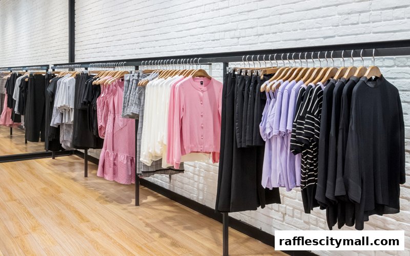 A clothing store display featuring racks of women's apparel in various colors and styles.
