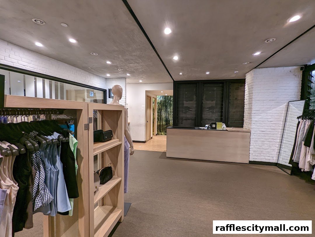 Interior view of a clothing store with racks of apparel and a checkout counter.