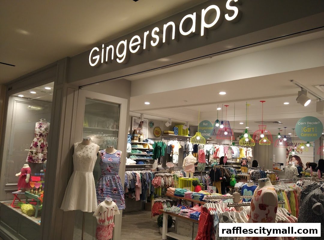 The Gingersnaps store features a bright interior with colorful children's clothing and mannequins displaying outfits.