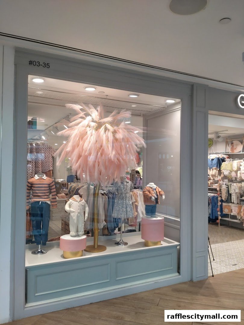 A shop window display featuring children's clothing on mannequins and racks, with a large pink fluffy decoration.