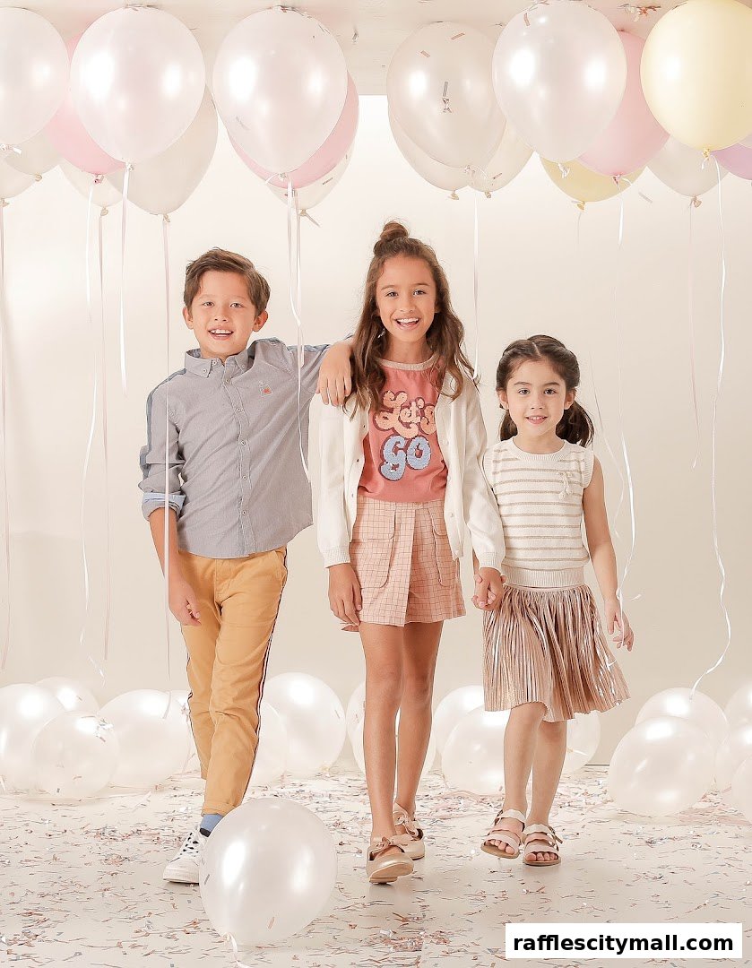 Three smiling children in stylish outfits pose among balloons and confetti.