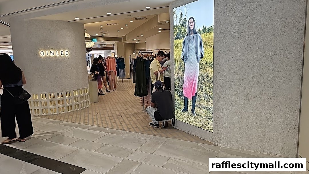 The entrance to the GINLEE Studio clothing store with a large display of fashion.
