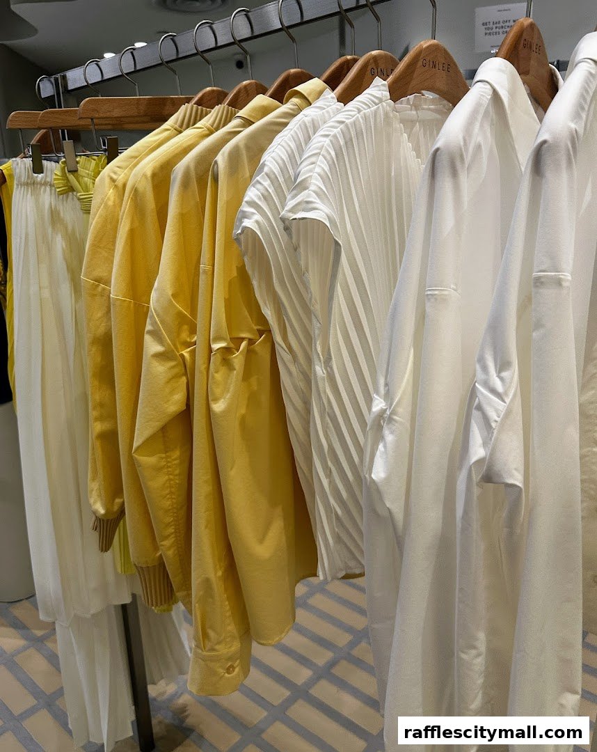 A rack of yellow and white pleated and plain shirts and skirts from GINLEE Studio.