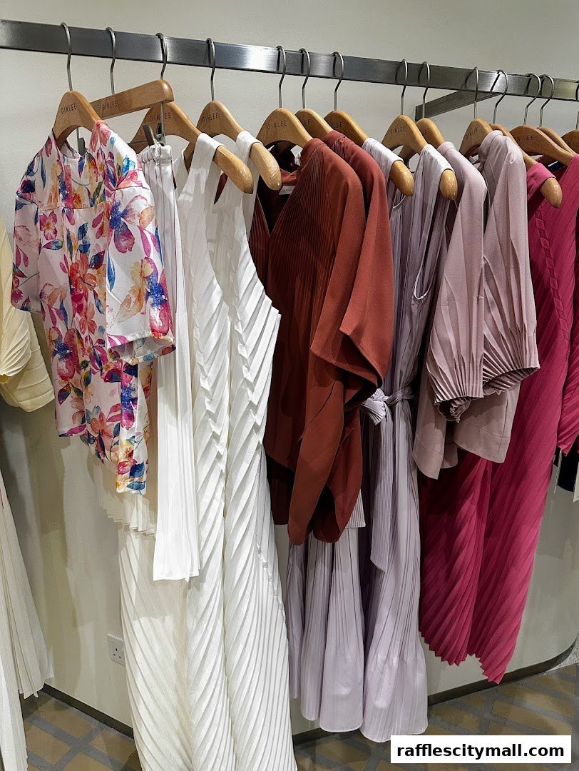 A rack of stylish pleated dresses and tops in various colors at GINLEE Studio.