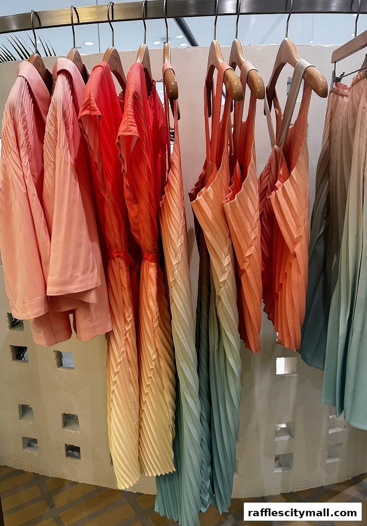 A rack of pleated dresses and tops in a gradient of coral, peach, yellow, and teal.