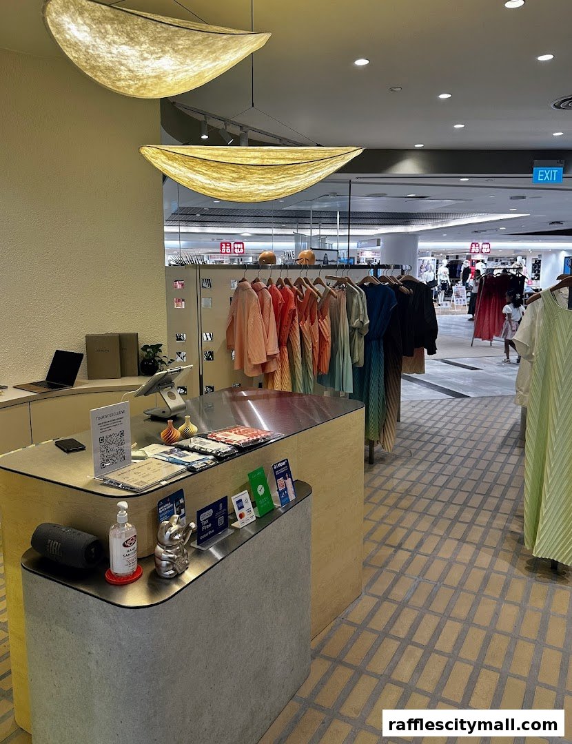 Interior view of a clothing store with racks of colorful garments and a checkout counter.
