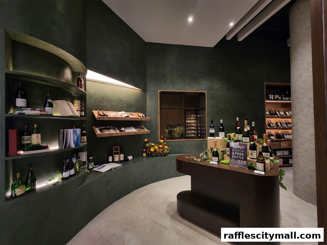 Interior of a wine shop with shelves stocked with bottles and a display table.