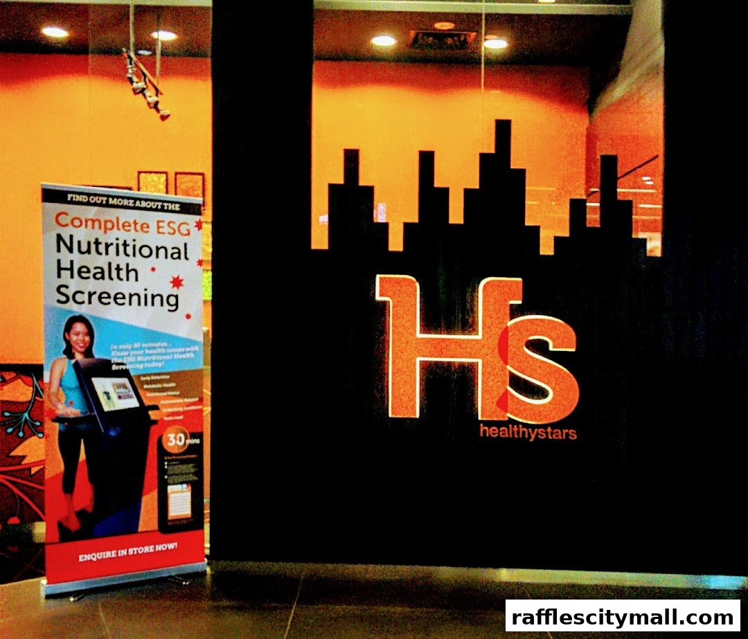 A shop front with a banner advertising nutritional health screening and the shop's logo.