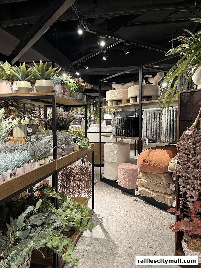 Interior view of a home decor shop with plants, ottomans, and cushions.