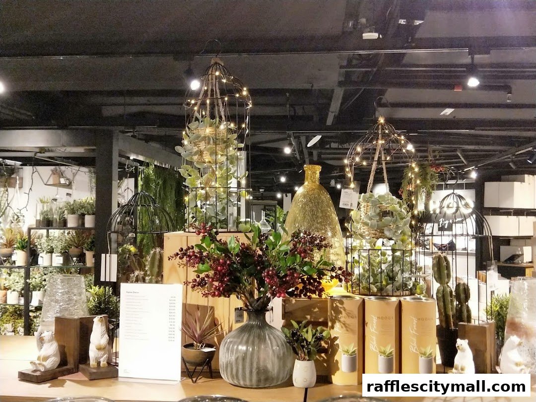 A display of decorative items including plants, birdcages with lights, and vases at HOOGA Raffles City.